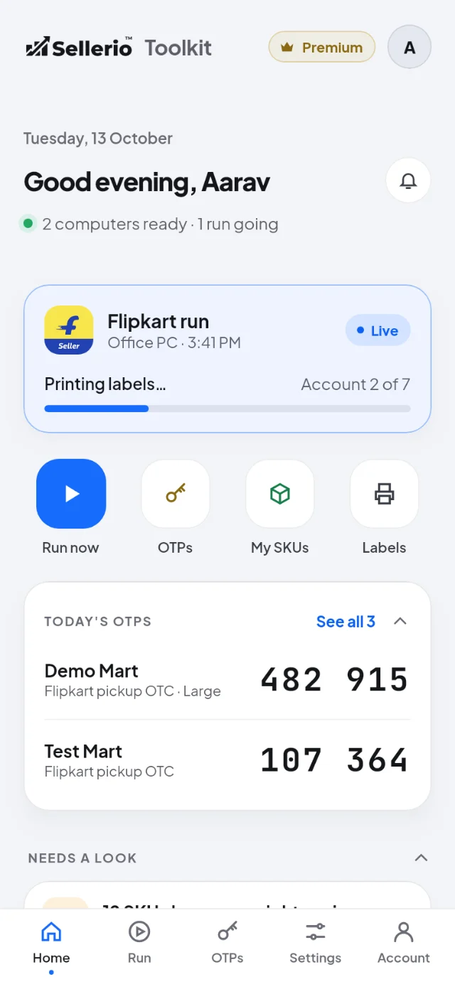 The Sellerio Toolkit app's Home screen on Android: a Flipkart run printing labels, and today's OTPs