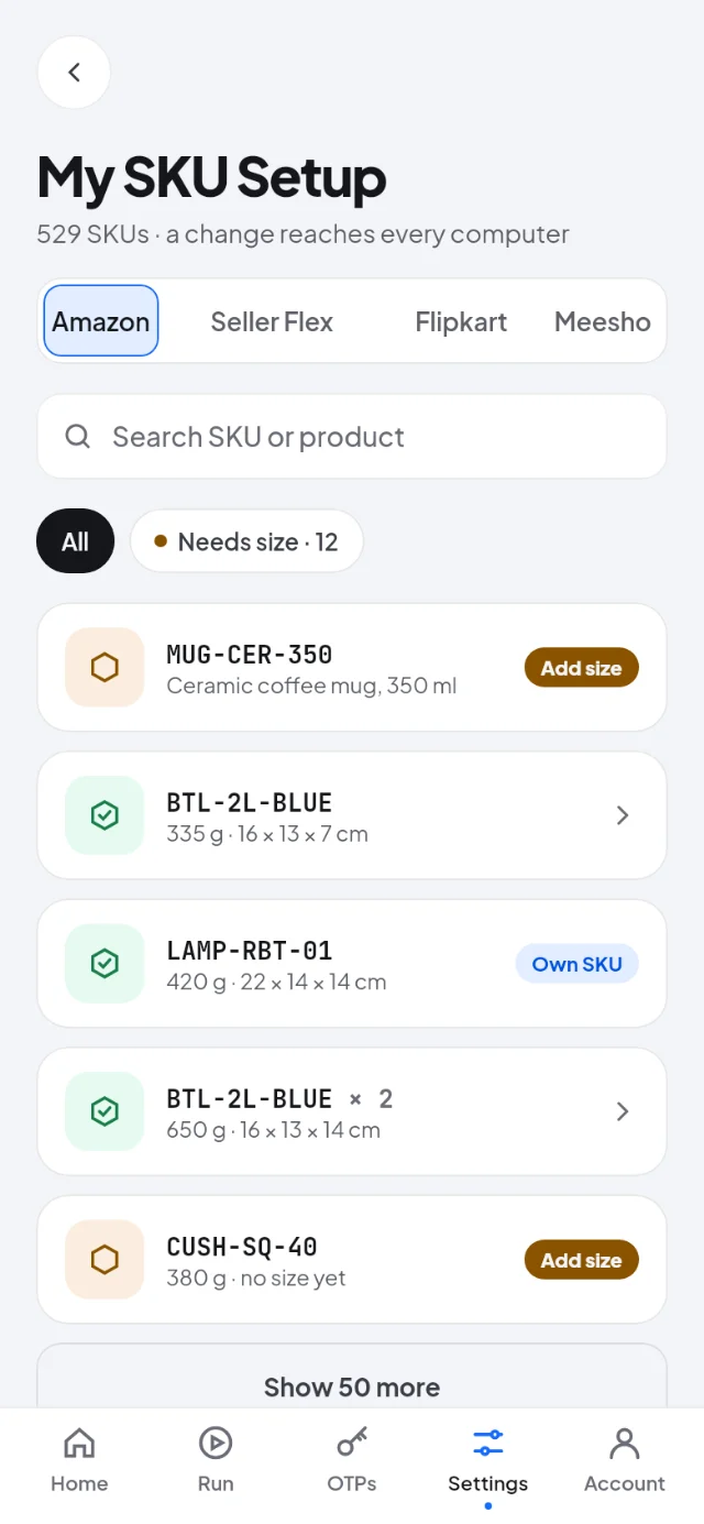 My SKU Setup on Android: each SKU with its weight, size and own SKU