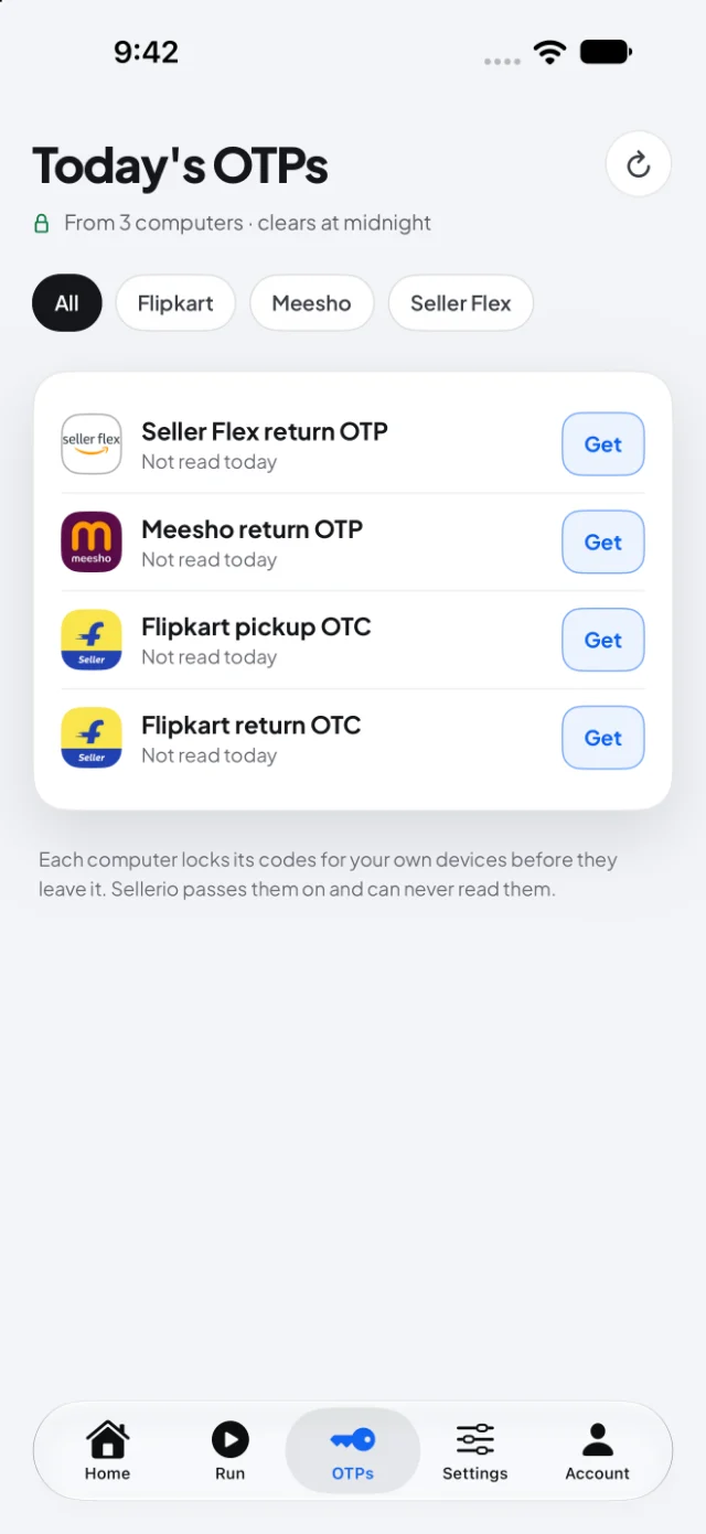 Today's OTPs: Seller Flex and Meesho return OTPs, Flipkart pickup and return OTCs