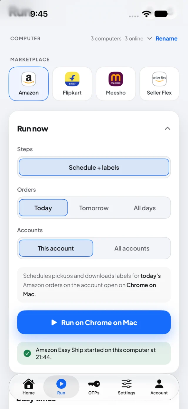 The Sellerio Toolkit app's Run screen on iPhone: Amazon, Schedule plus labels for today, Run on Chrome on Mac