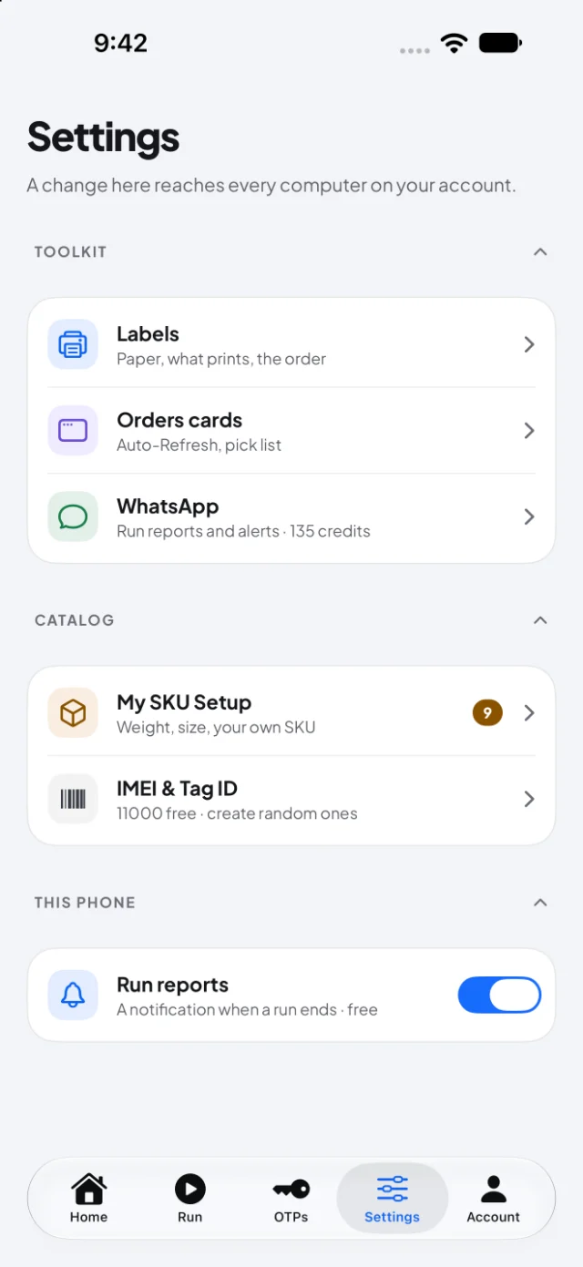 Settings: labels, Orders cards, My SKU Setup and IMEI and Tag ID