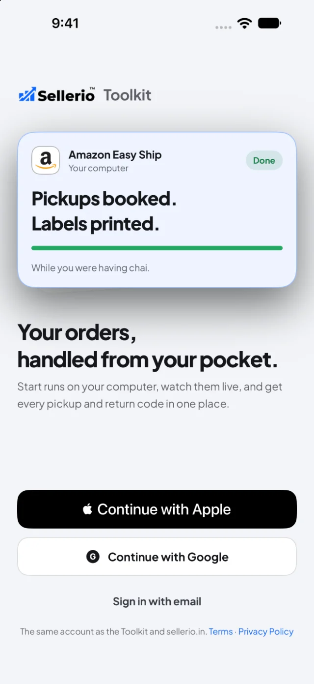 The app's sign-in screen: Continue with Apple, Continue with Google, or sign in with email