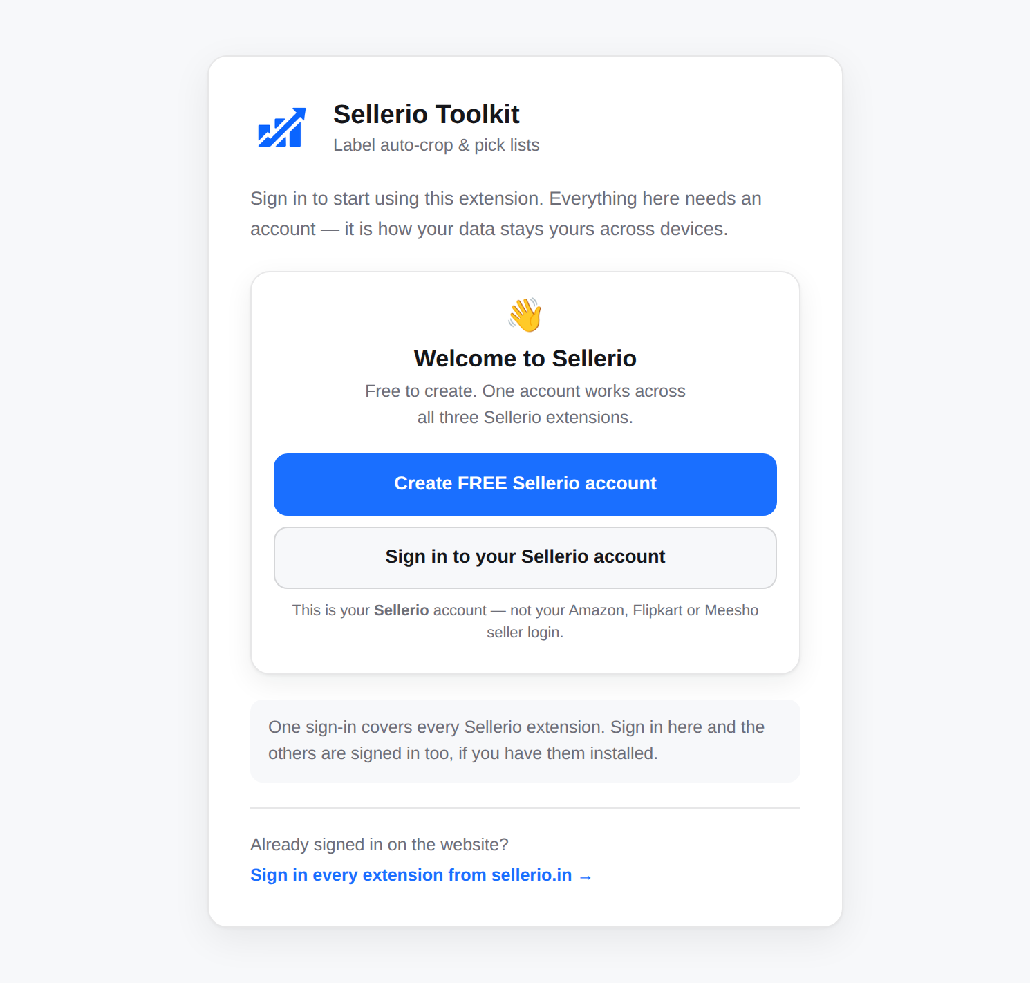 The Sellerio Toolkit welcome tab with Create FREE Sellerio account and Sign in buttons