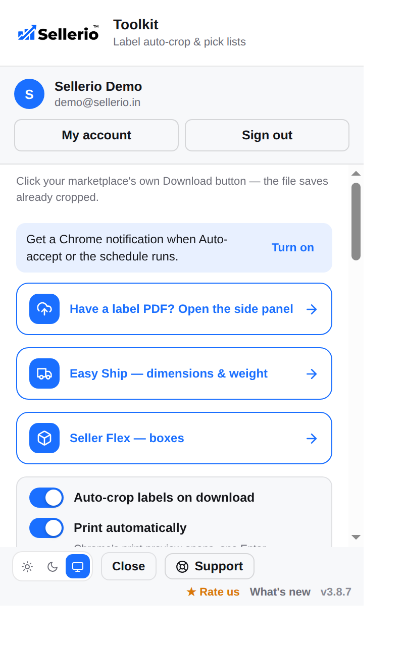 The Sellerio Toolkit popup showing Auto-crop labels on download and Print automatically switched on