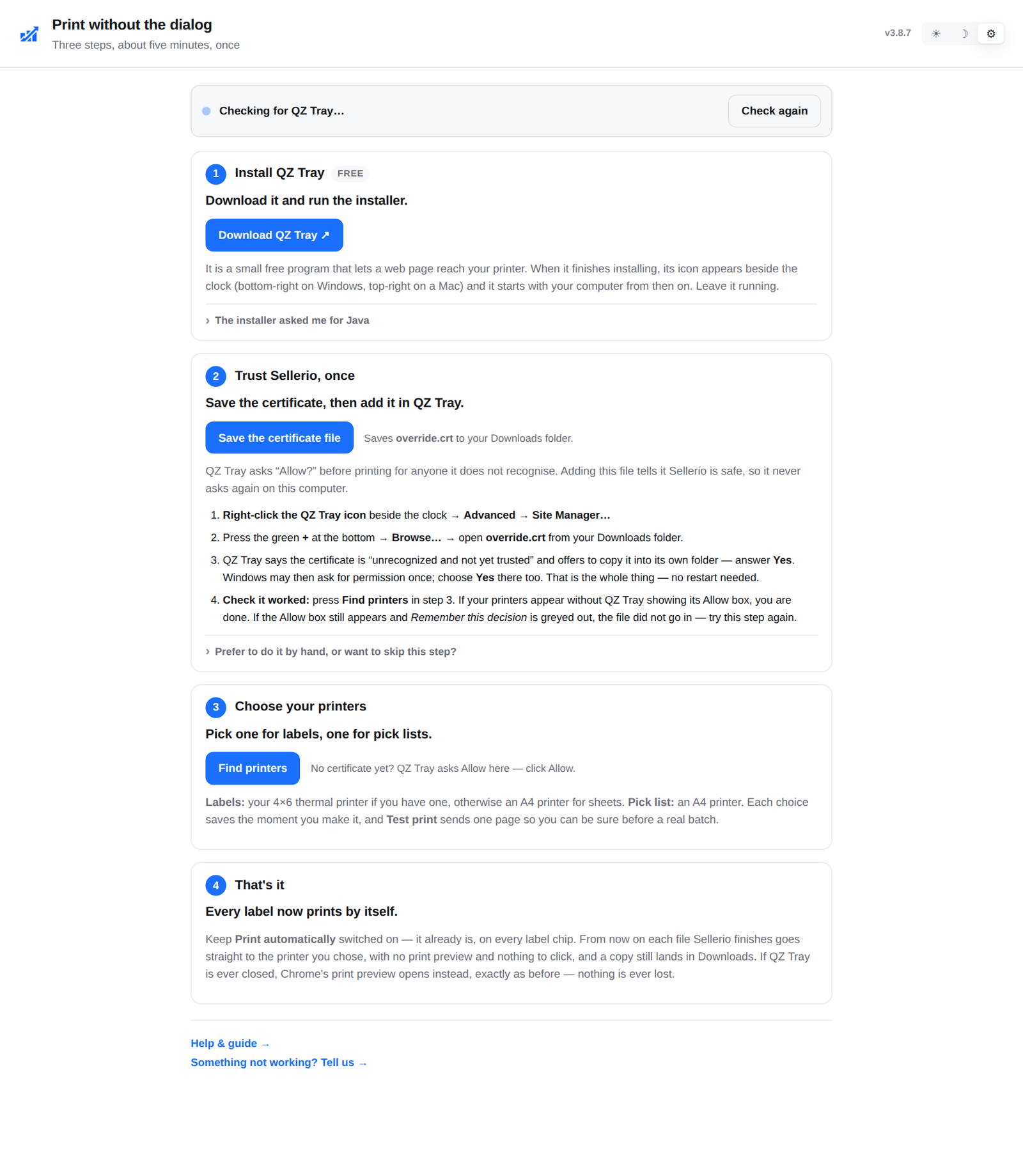The Print without the dialog setup page showing its four steps